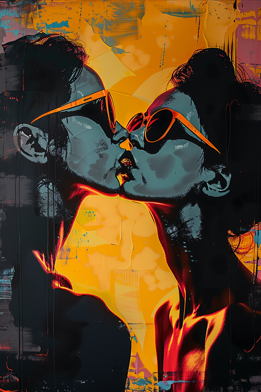 Pop-surrealistisches Gemälde zweier sich küssender Figuren mit Sonnenbrillen in leuchtenden Orange- und Blautönen – Sinnbild für Leidenschaft, Dualität und Selbsterkenntnis
