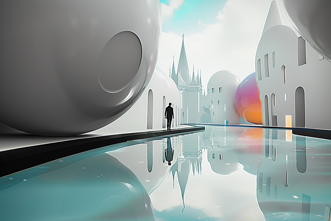 Futuristische Stadtlandschaft mit glatten weißen Gebäuden, kugelförmigen Strukturen und Spiegelungen in Wasser. Eine einzelne Figur geht einen Weg entlang, im Hintergrund ragt eine Kathedrale auf.
