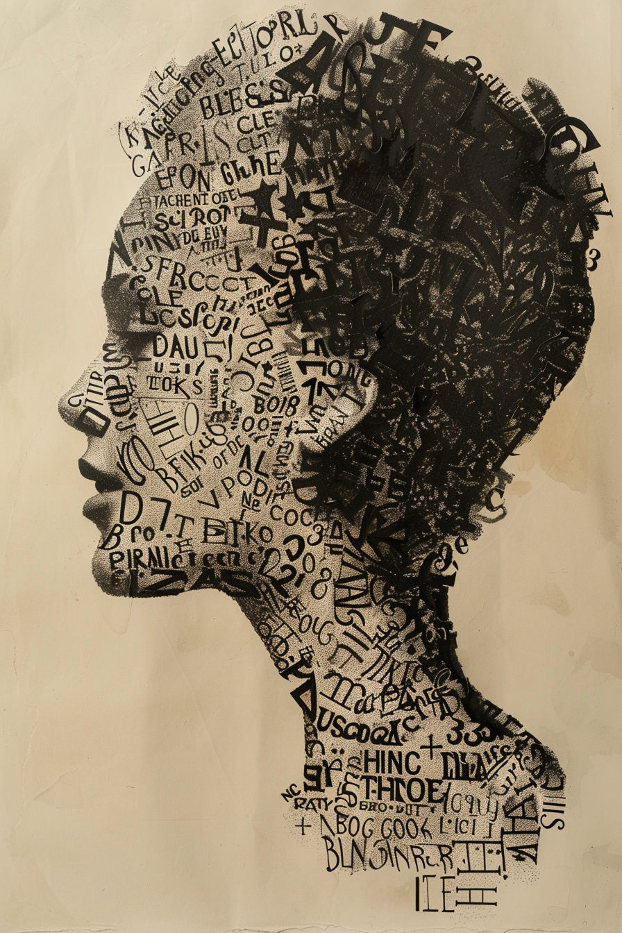 Künstlerisches Porträt eines Kopfes im Profil, gebildet aus einer Vielzahl von Buchstaben und Worten in Schwarz auf beigem Hintergrund.
