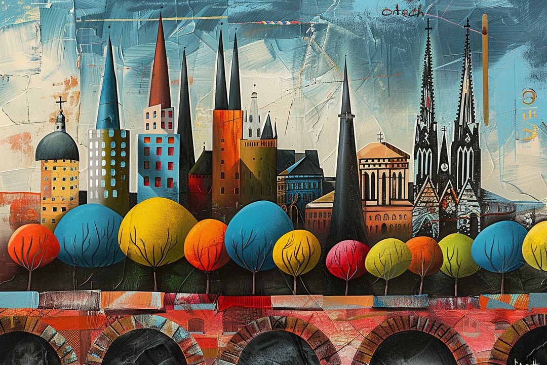 farbenfrohe stadtsilhouette mit dem koelner dom und bunten baeumen
