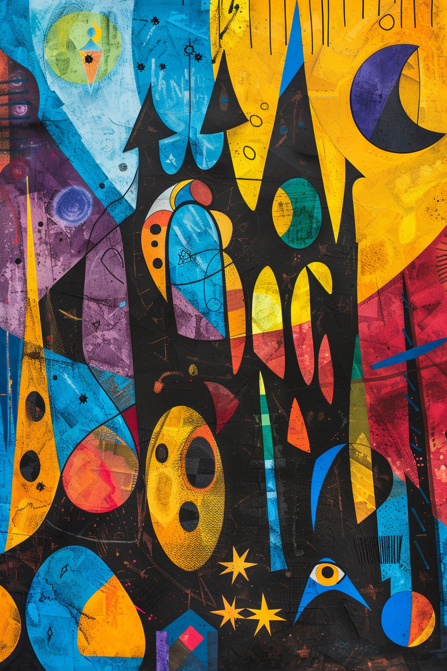 abstrakte stadtlandschaft mit bunten geometrischen formen in blau gelb rot und schwarz
