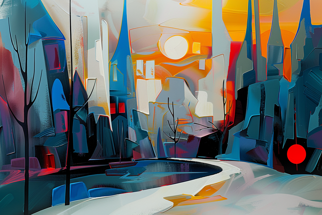 Abstrakte Stadtlandschaft in kräftigen Blautönen und warmem Orange. Geometrische Gebäudeformen mit spitzen Türmen und ein heller Pfad, der in die Ferne führt. Die Sonne leuchtet zwischen den Formen, erzeugt Kontraste zwischen Licht und Schatten.
