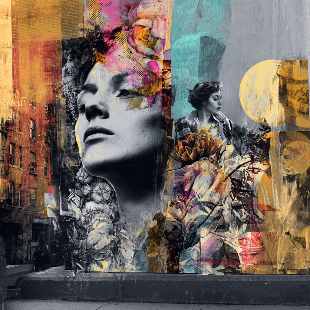 collage aus porträts, blumen und städtischer architektur in lebhaften farben
