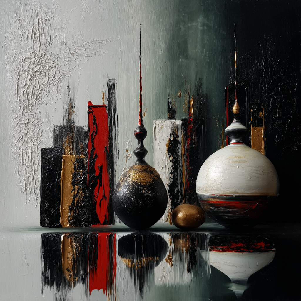 abstraktes stillleben mit kugeln und vasen in schwarz weiß rot und gold vor strukturiertem hintergrund
