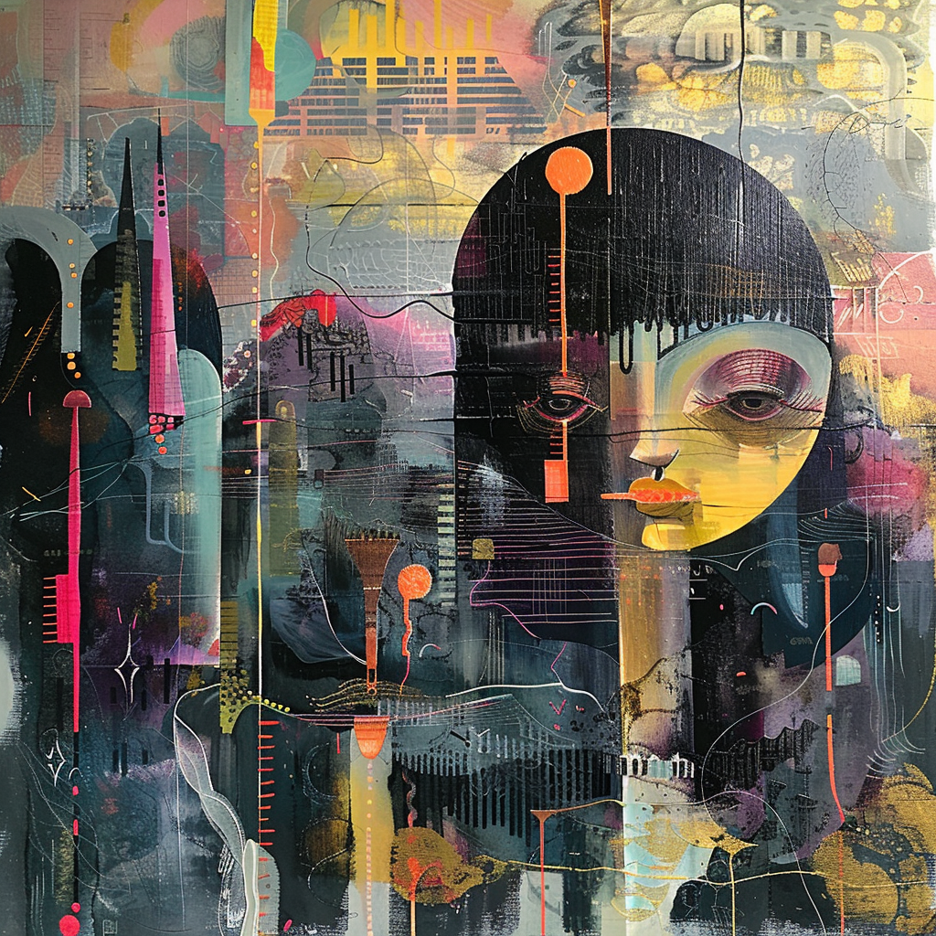 abstrakte figur mit großem kopf in farbintensiver urbaner landschaft
