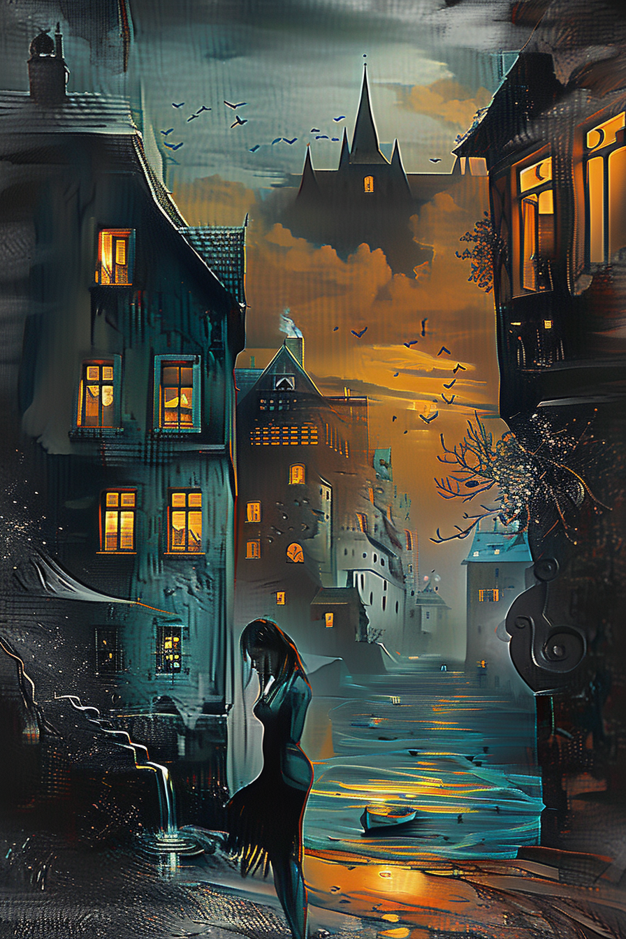 Surreale Stadtlandschaft bei Dämmerung mit leuchtenden Fenstern, einer nachdenklichen Frau am Wasser und einem fernen Schloss unter goldenem Himmel.
