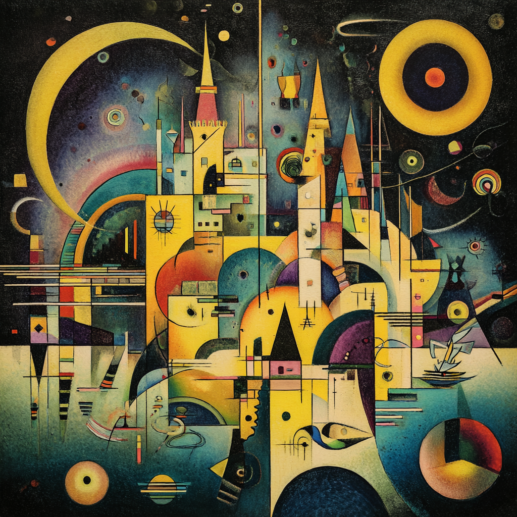 Abstrakte Stadtlandschaft aus geometrischen Formen, Bögen und Türmen in leuchtenden Gelb-, Blau- und Violetttönen – eine poetische Komposition zwischen Architektur und Kosmos.
