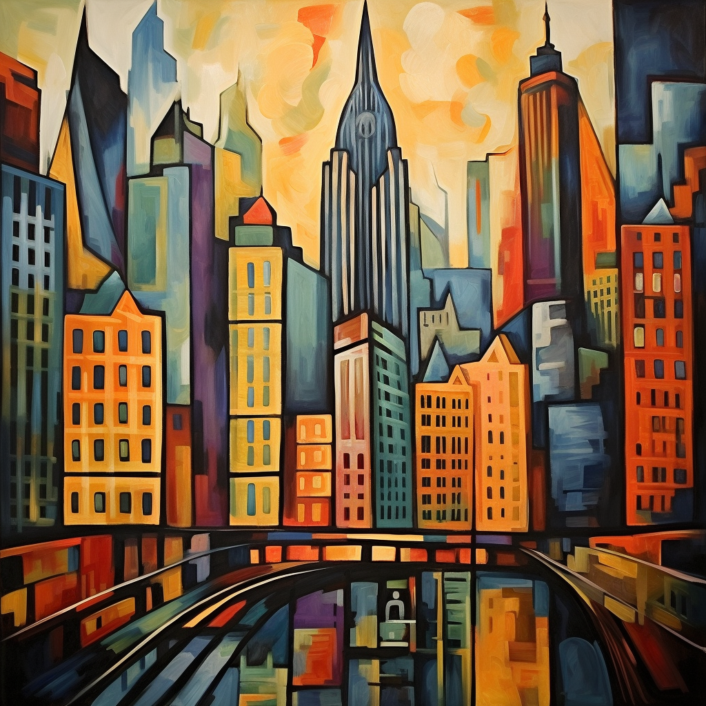 Abstrakte, farbenfrohe Darstellung einer Stadt mit hohen Gebäuden in warmen Gelb-, Orange- und Blautönen unter einem leuchtenden Himmel.
