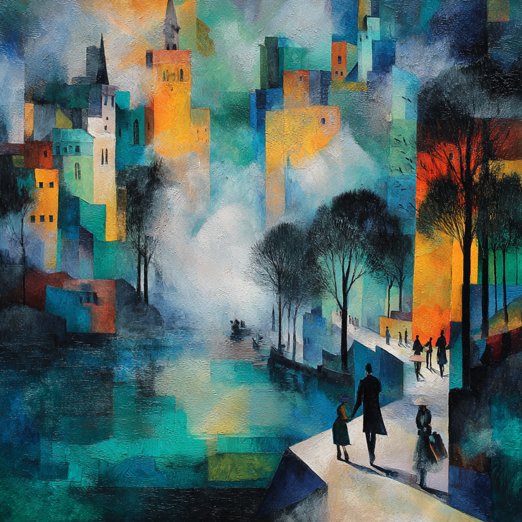 farbenfrohe stadtlandschaft mit nebel und menschen am fluss
