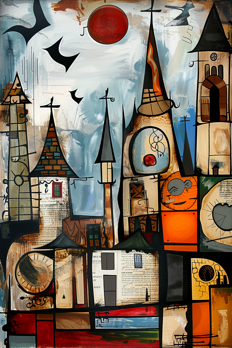 Ein expressionistisches Stadtbild mit hohen, spitzen Türmen, flatternden Vögeln und geometrischen Formen. Die Farbpalette aus Blau, Ocker und Rot erzeugt eine träumerische Atmosphäre zwischen Chaos und Struktur.

