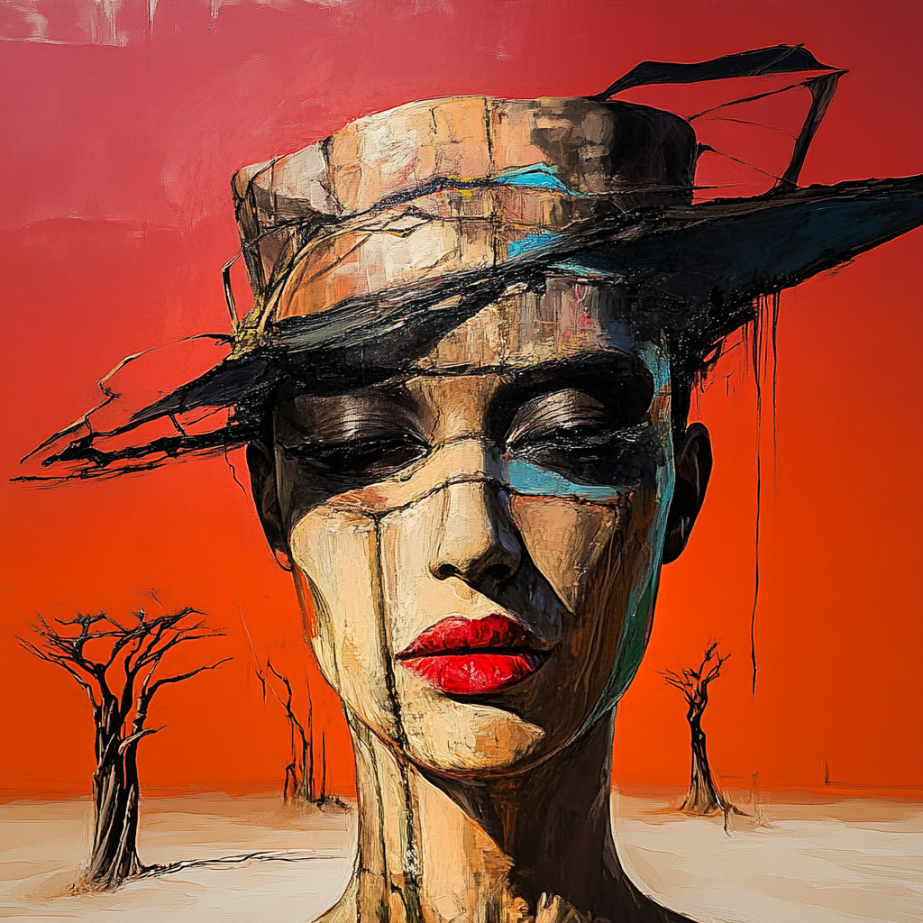 Ausdrucksstarkes Porträt einer Frau mit geschlossenen Augen, gemalt in erdigen Texturen und Rottönen. Der Hintergrund ist tiefrot, das Gesicht teilweise von Rissen durchzogen, der Hut aus grobem, zerfallendem Material. Im Hintergrund karge Bäume in einer Wüstenlandschaft.
