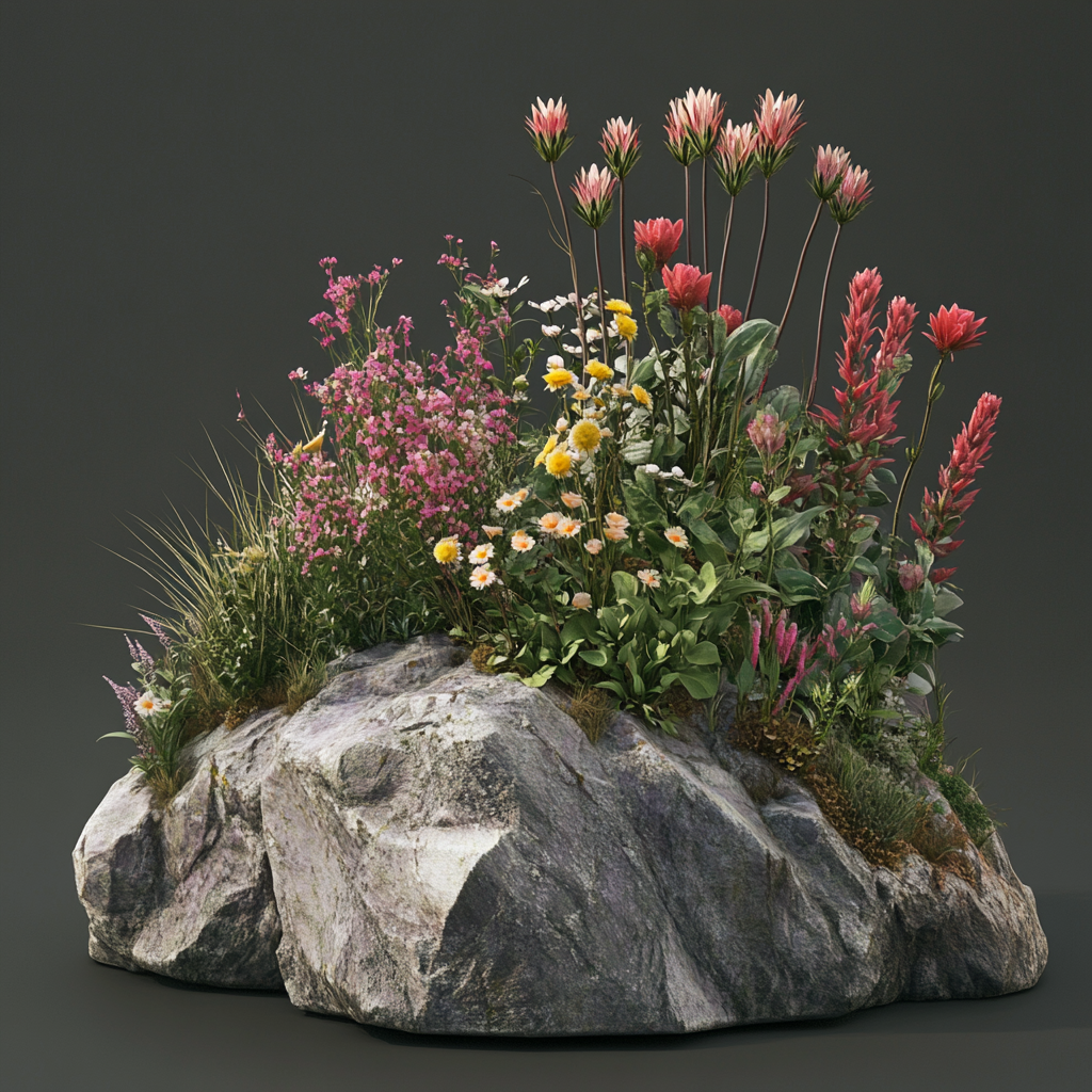 Komposition aus bunten Wiesenblumen auf einem großen Naturstein, Kombination aus Rosa-, Gelb- und Grüntönen
