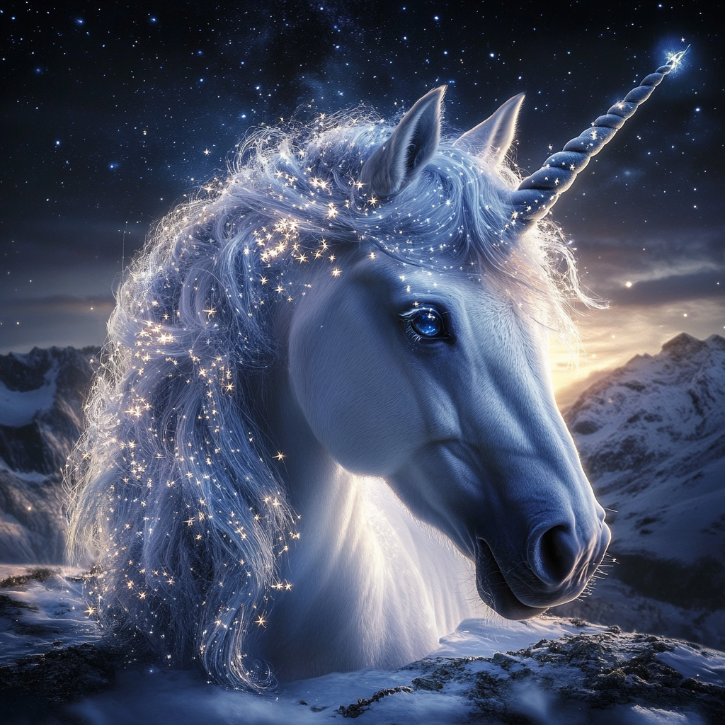 Weißes Einhorn mit leuchtender Mähne voller Sterne vor einer nächtlichen Berglandschaft – magisches fantasy-kunstwerk mit mystischer Atmosphäre.
