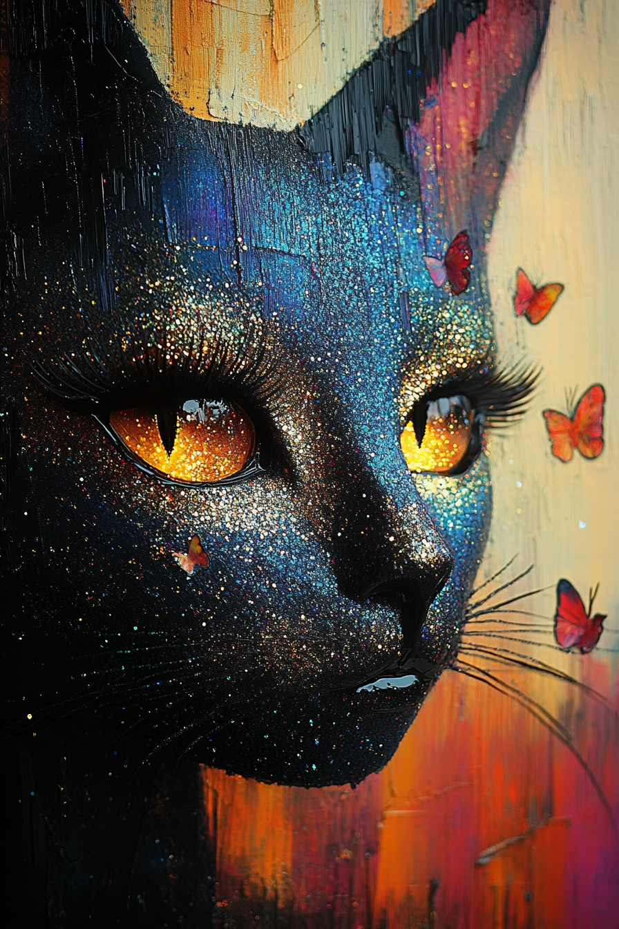nahaufnahme einer schwarzen katze mit goldenen augen und schmetterlingen im licht
