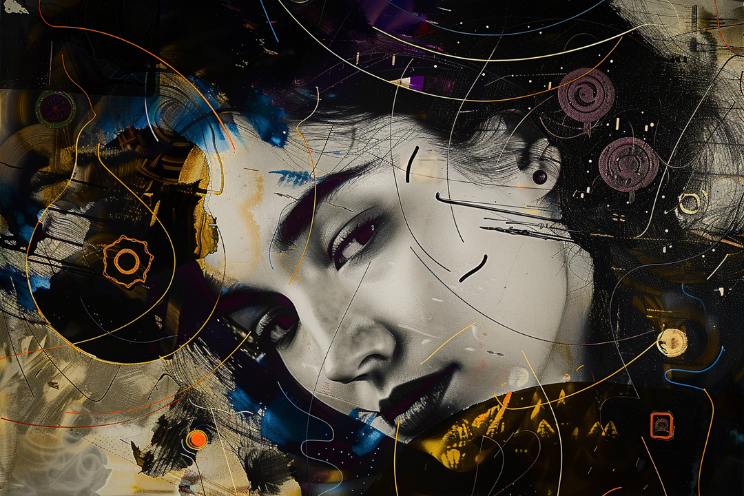 kunstvolles portraet mit abstrakten linien und kosmischen farben
