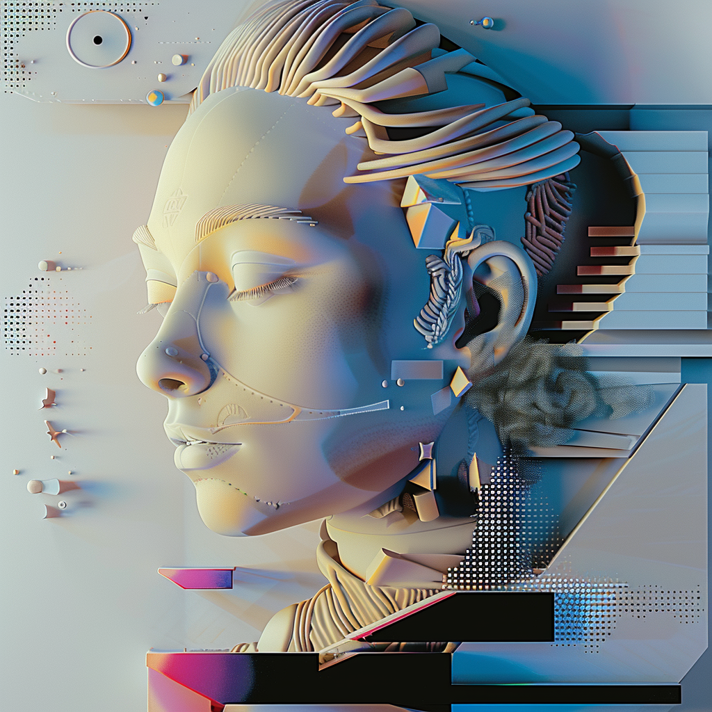 digitale skulptur eines ruhigen gesichts mit licht und geometrischen elementen
