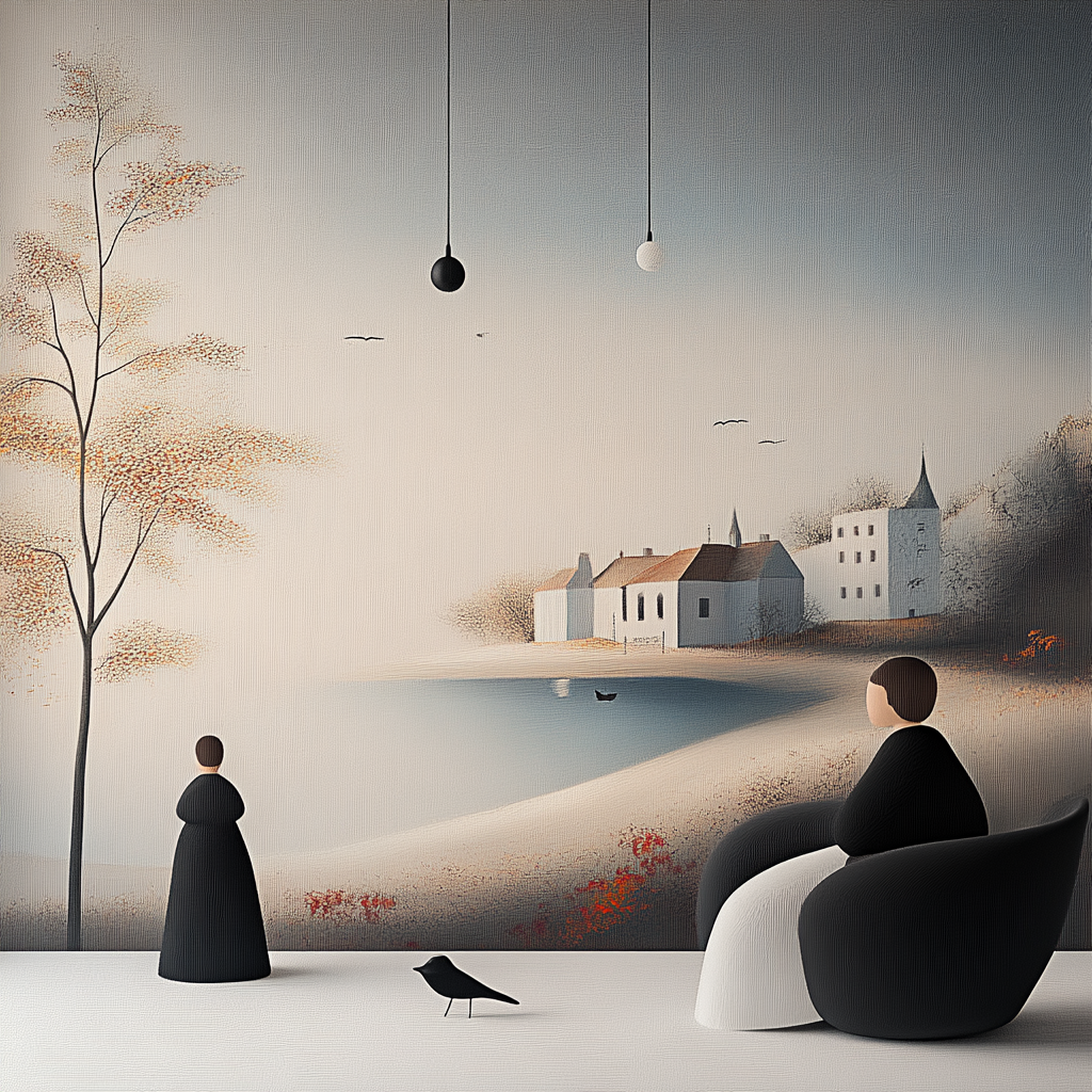 Minimalistische Szene mit Figuren, Vogel und Häusern an einem stillen See
