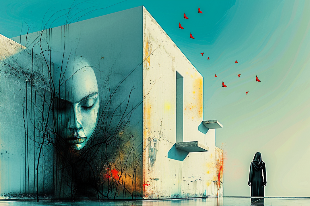 Surreale Szene mit einem großen Würfelbau, einem eingravierten Frauengesicht und einer dunklen Gestalt vor hellem Himmel, umgeben von roten Schmetterlingen – Symbol für Stille, Erinnerung und Wandel.
