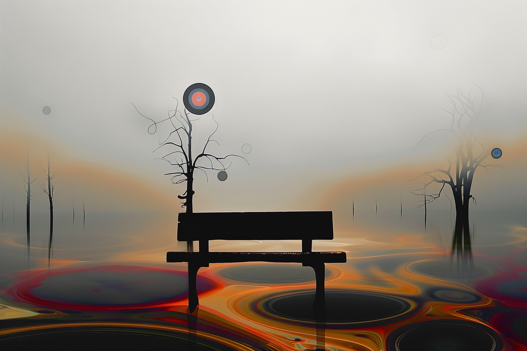 schwarze bank in surrealer nebellandschaft mit baeumen und kreisformen
