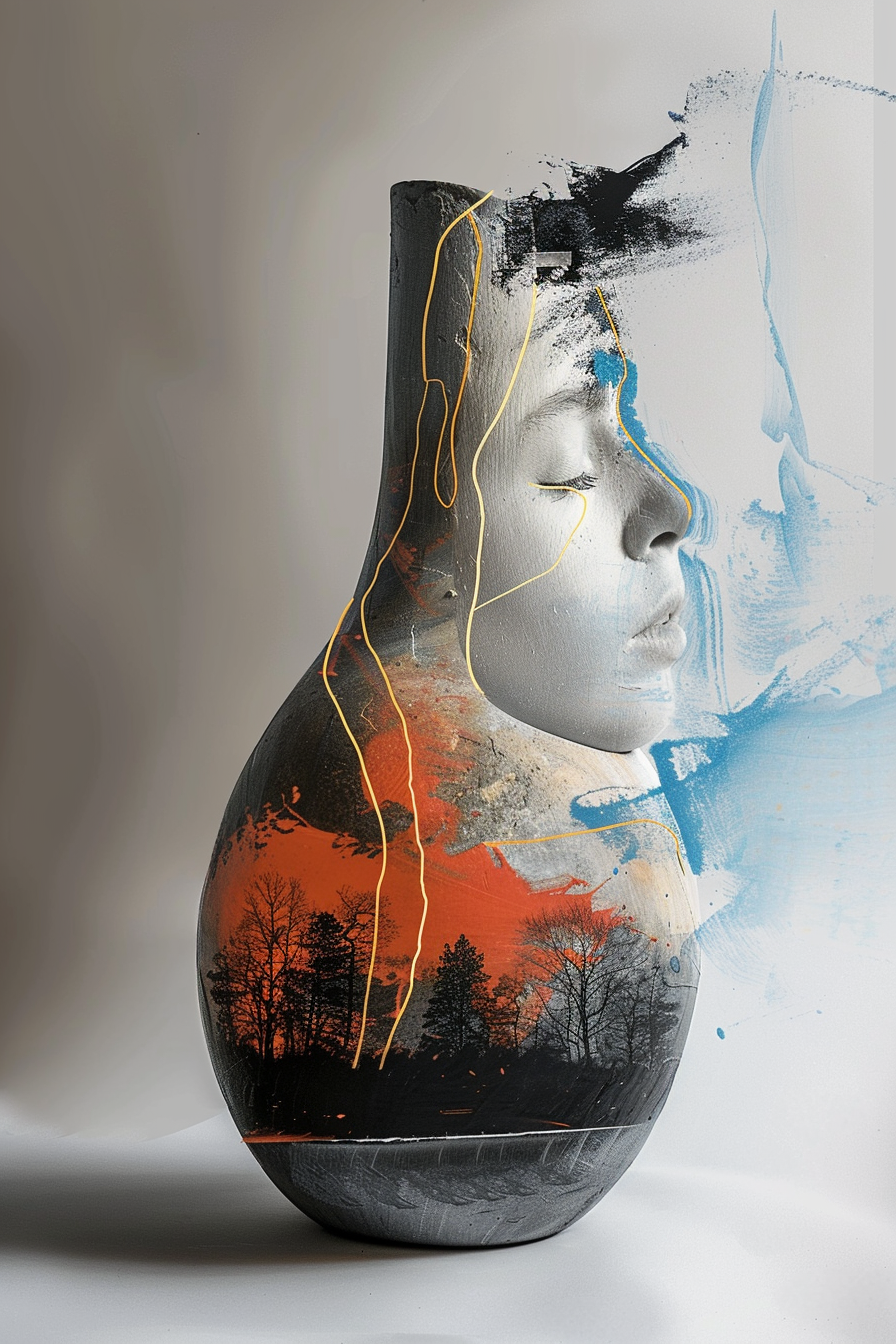 weibliches gesicht verschmilzt mit vase in erdtönen und blauer farbe
