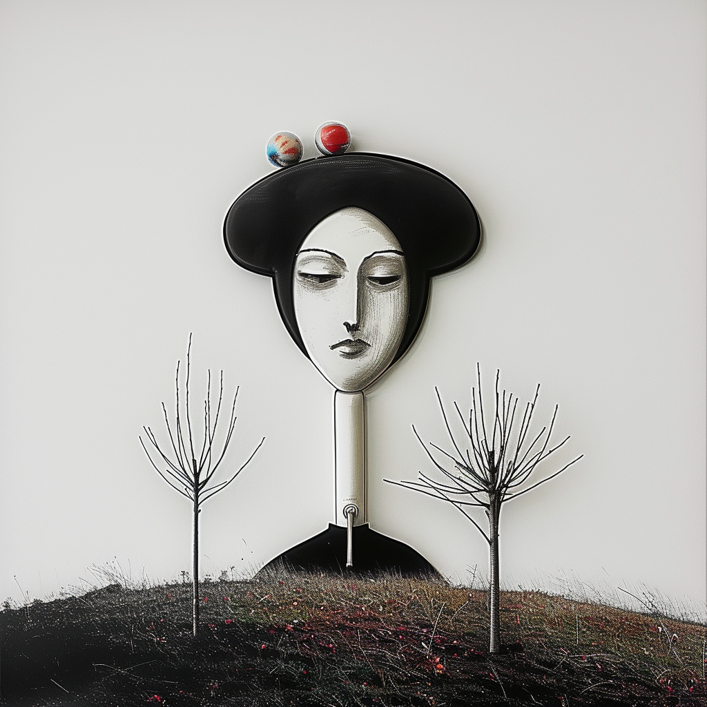 Surreales Porträt einer Frau mit geschlossenen Augen, zwei Planeten auf dem Kopf und kahlen Bäumen im Vordergrund.
