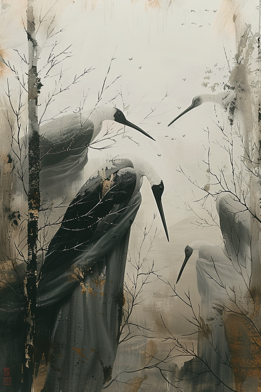 reiher im nebel zwischen kahlen ästen in grautönen
