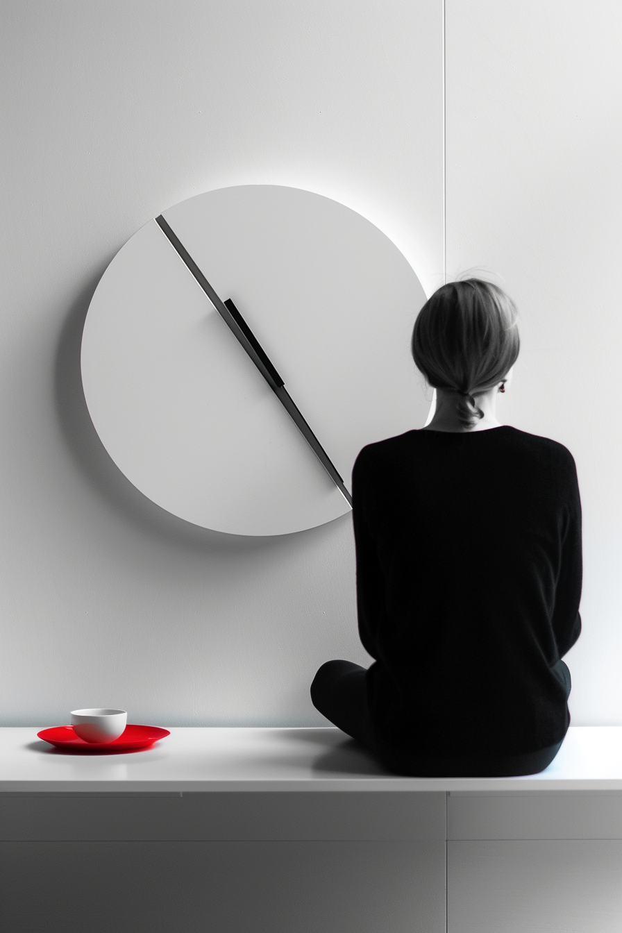 Minimalistische Szene mit einer Frau vor einer großen Uhr, Symbol für Zeit, Ruhe und Vergänglichkeit.
