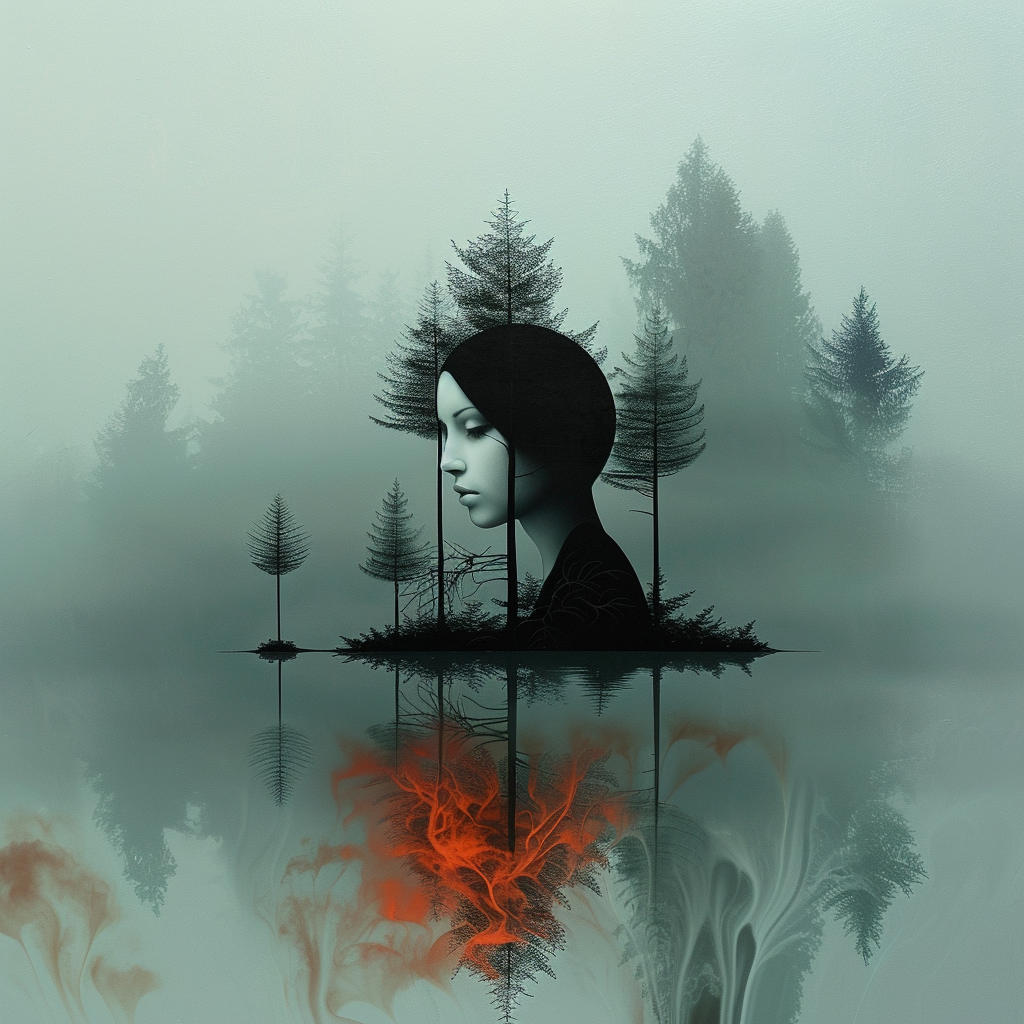 Ein surrealistisches Porträt einer Frau, deren Kopf in eine nebelverhangene Waldlandschaft übergeht und sich im Wasser spiegelt, mit einer roten Struktur unter der Oberfläche.
