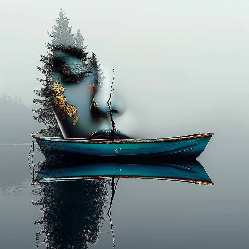 Ein Boot auf einem stillen See, dessen Spiegelung das Gesicht einer Frau und die Silhouette von Bäumen offenbart – eine surreale Verschmelzung von Natur, Ruhe und Erinnerung.
