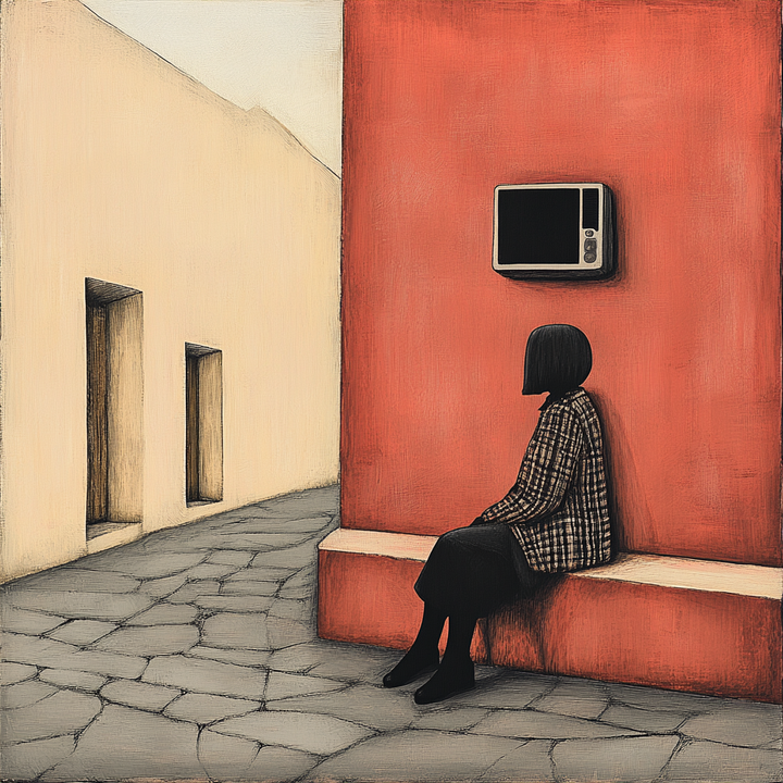 Minimalistisches Gemälde einer Person, die an einer roten Wand sitzt, mit einem alten Fernseher und klaren architektonischen Linien.
