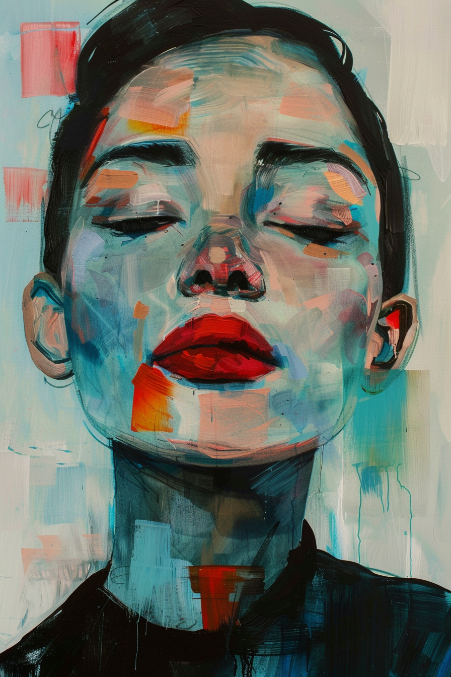Ausdrucksstarkes Porträt einer Frau mit geschlossenen Augen und leuchtend roten Lippen – abstrakte Farbflächen in Blau, Orange und Rosa betonen Emotion und Struktur.

