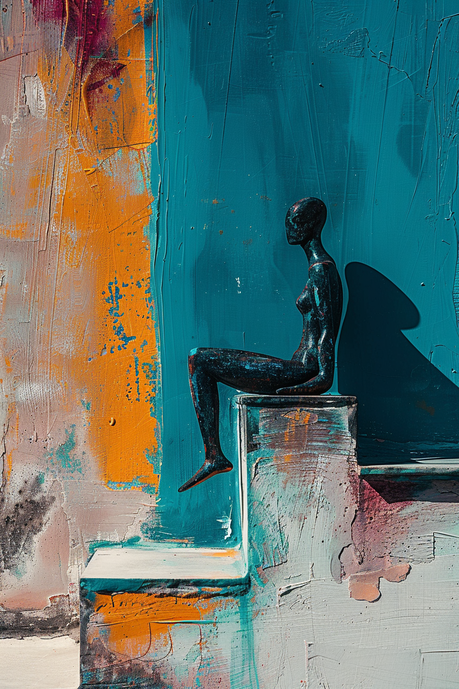 Abstrakte Figur sitzt auf einer Stufe vor farbintensiver Wand in Blau und Orange
