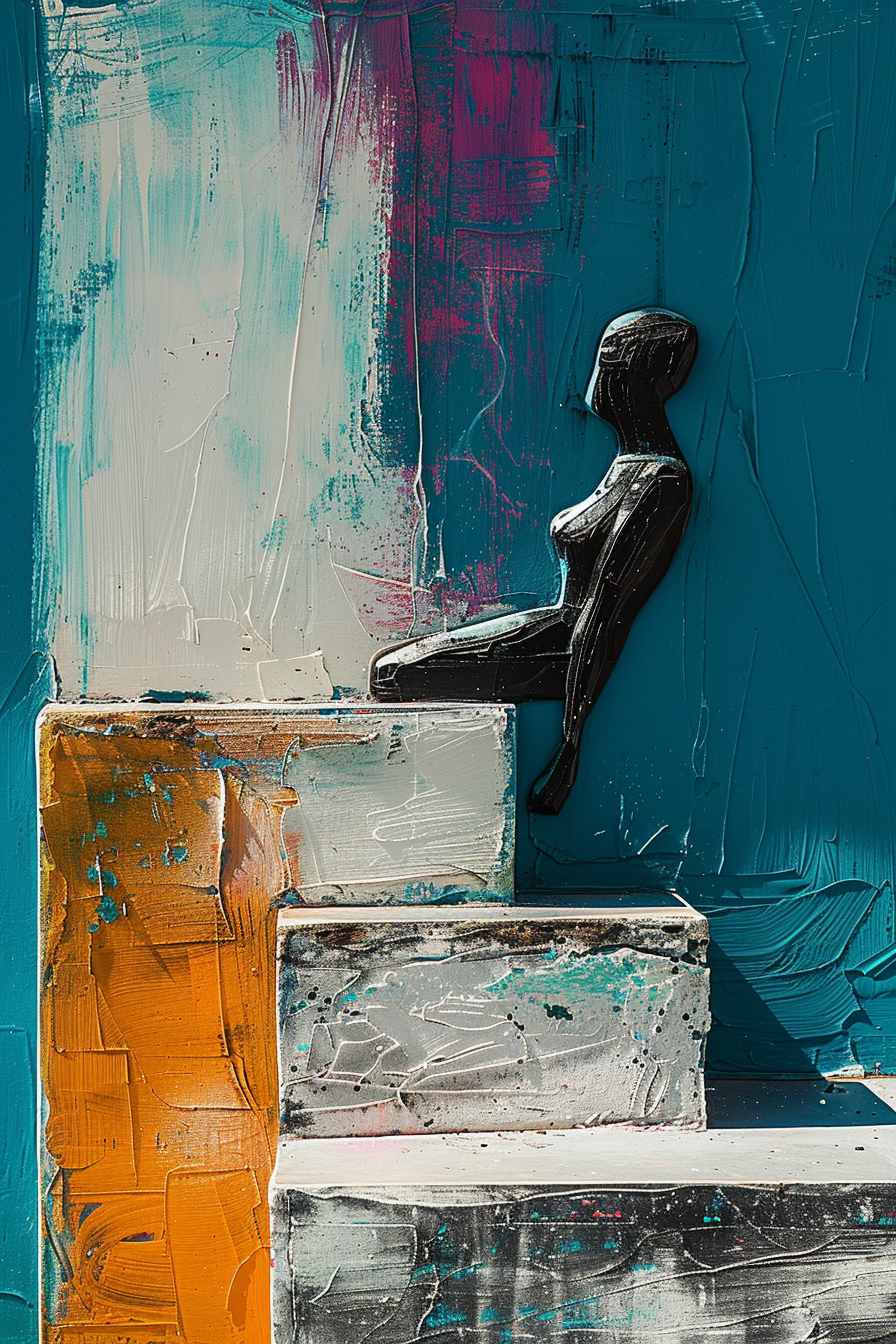 Abstrakte schwarze Figur sitzt auf Treppenstufen vor strukturierter Wand in Blau und Orange
