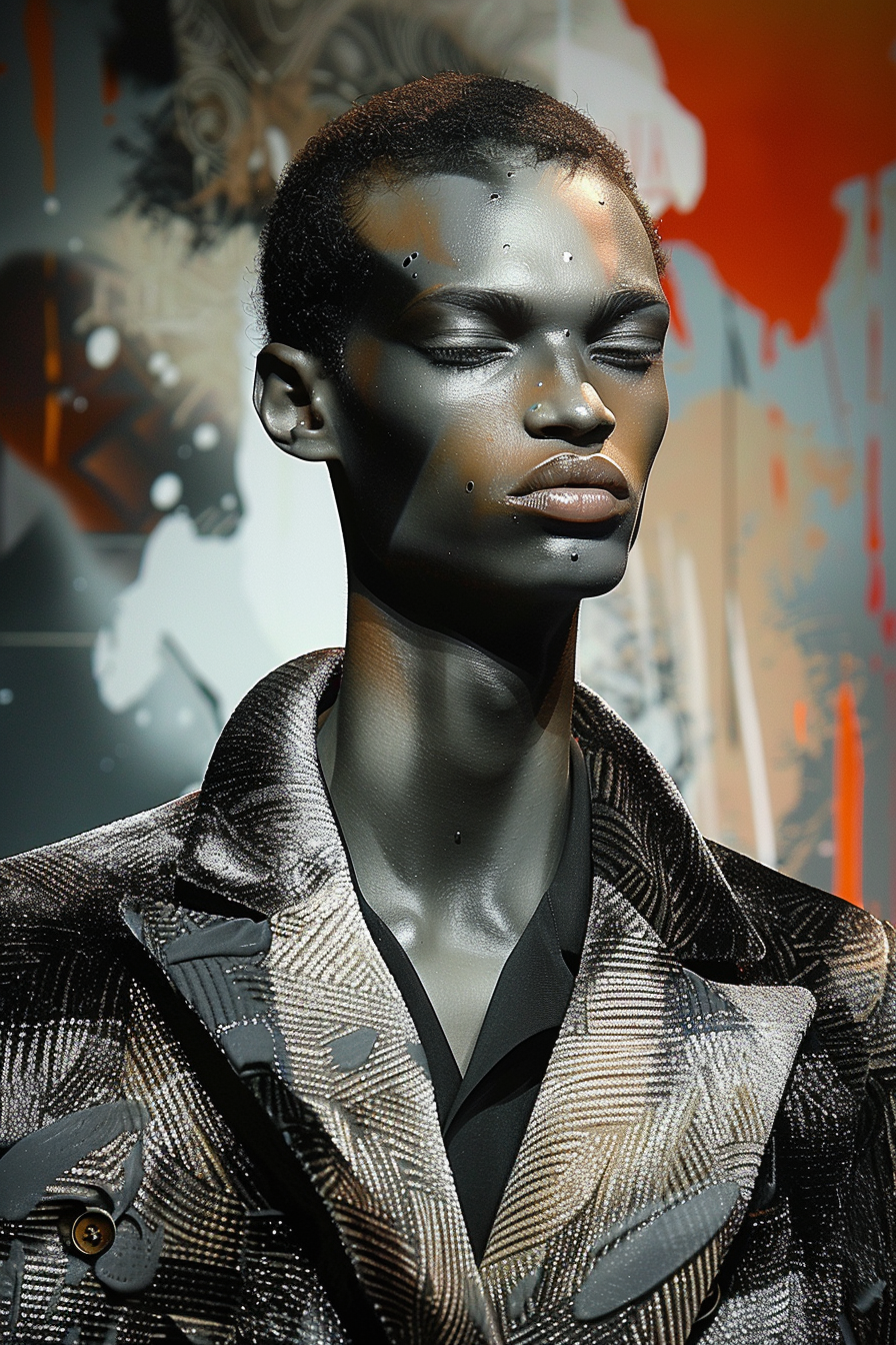 Digitale Porträtkunst einer androgynen Figur mit geschlossenen Augen – metallische Ästhetik und moderner Ausdruck.

