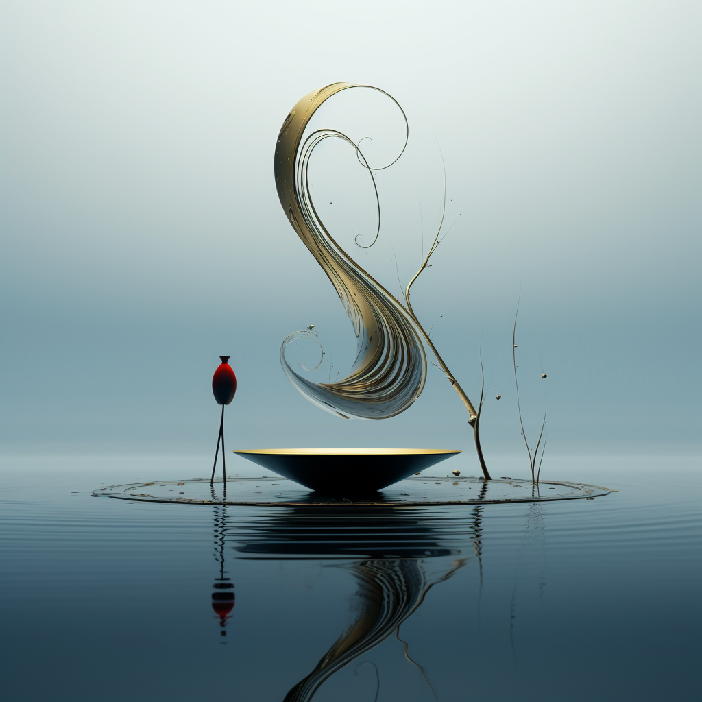 Abstrakte Komposition aus Schale, geschwungener Linie und Reflexion im Wasser – minimalistische, meditative Szene in kühlen Farbtönen.
