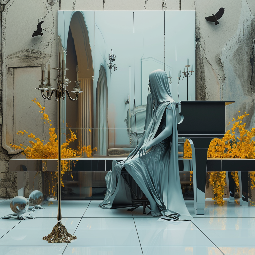 Surreale Szene mit verschleierter Figur an einem Klavier – architektonischer Raum zwischen Stille, Spiegelung und Erinnerung.
