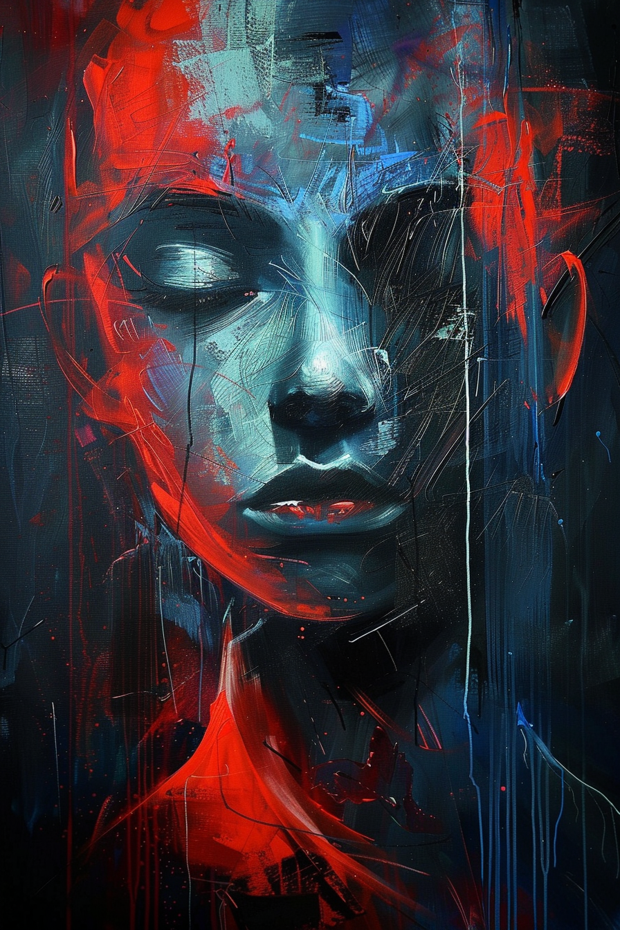 Ein abstraktes Porträt eines Gesichts mit geschlossenen Augen, gemalt in dunklen Blautönen und kräftigem Rot, das über die Leinwand fließt. Die Darstellung wirkt intensiv, emotional und geheimnisvoll.
