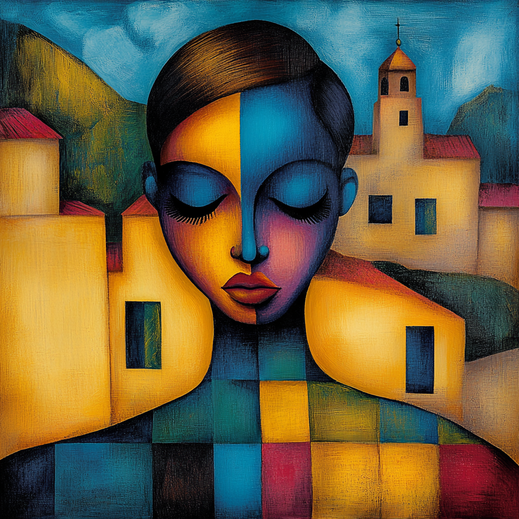 abstraktes portraet mit geschlossenen augen vor geometrischen haeusern in blau und gelb
