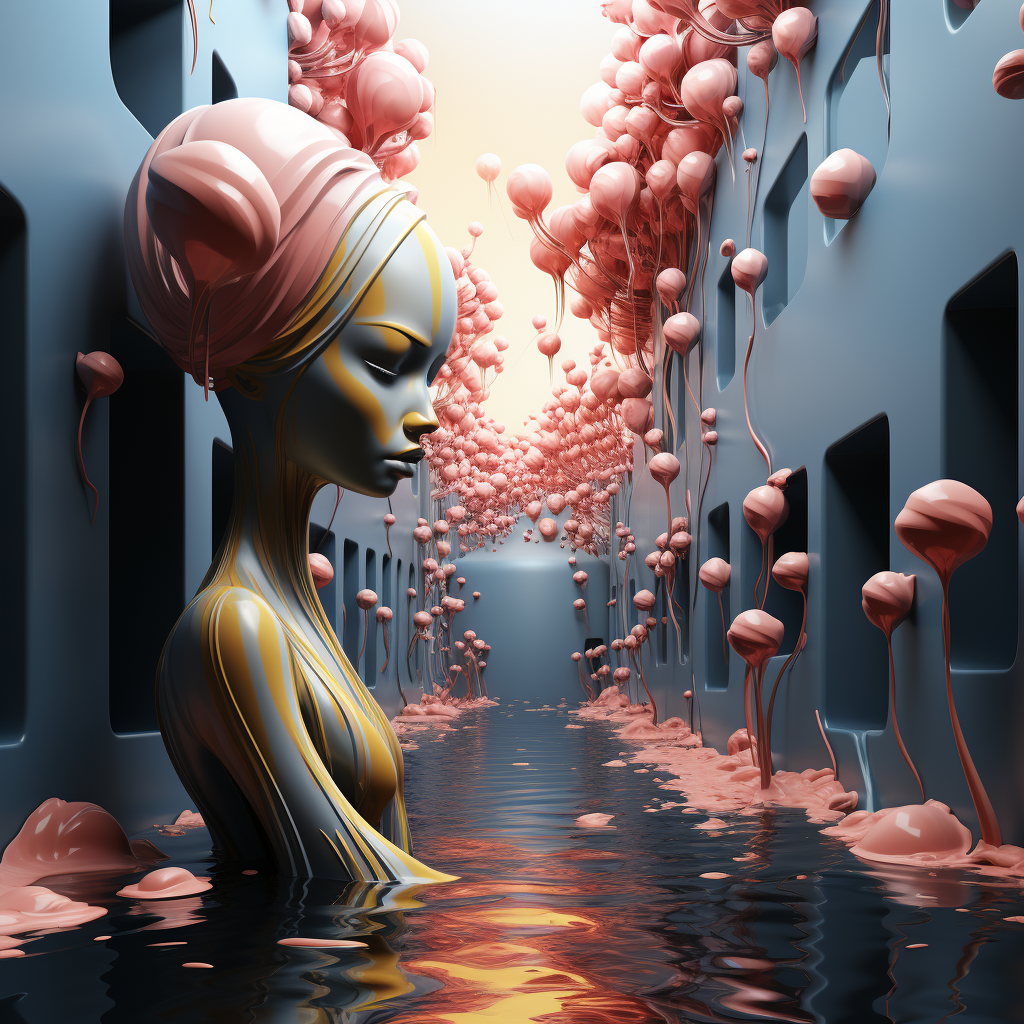 Surreales Porträt einer Frau mit glatten Formen und fließenden Linien, umgeben von rosafarbenen Blüten in einer Wasserlandschaft.
