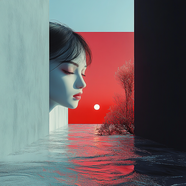 Minimalistisches surrealistisches Kunstwerk mit dem Profil einer Frau, die aus einer Wand hervorragt und über ein rotes Meer blickt, während die Sonne am Horizont untergeht.
