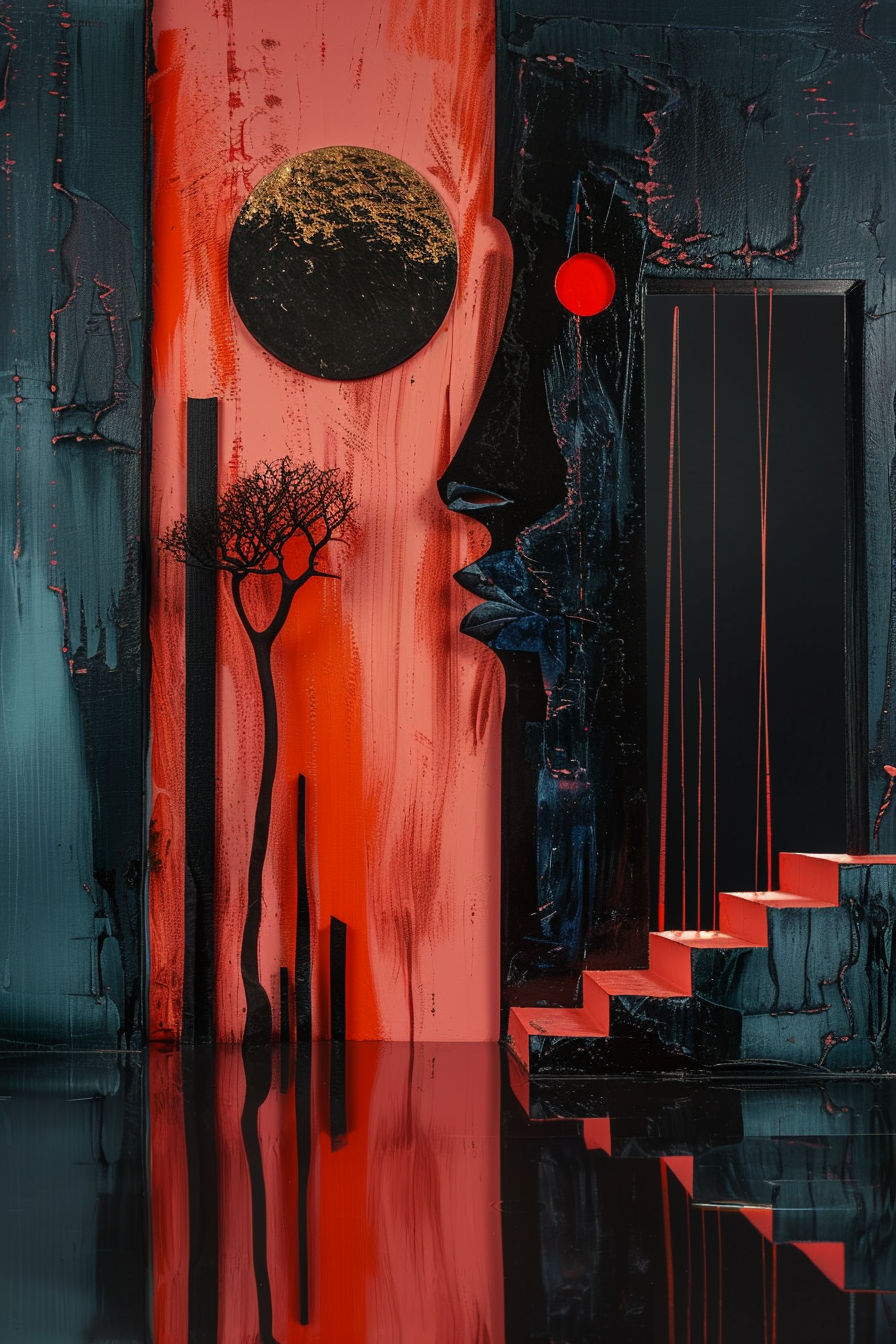 Abstrakte Komposition mit rotem und schwarzem Farbkontrast. Eine Silhouette, eine goldene Scheibe und ein Baum erscheinen vor einer vertikalen Struktur mit Treppen – ein Werk zwischen Symbolismus, Raum und Stille.

