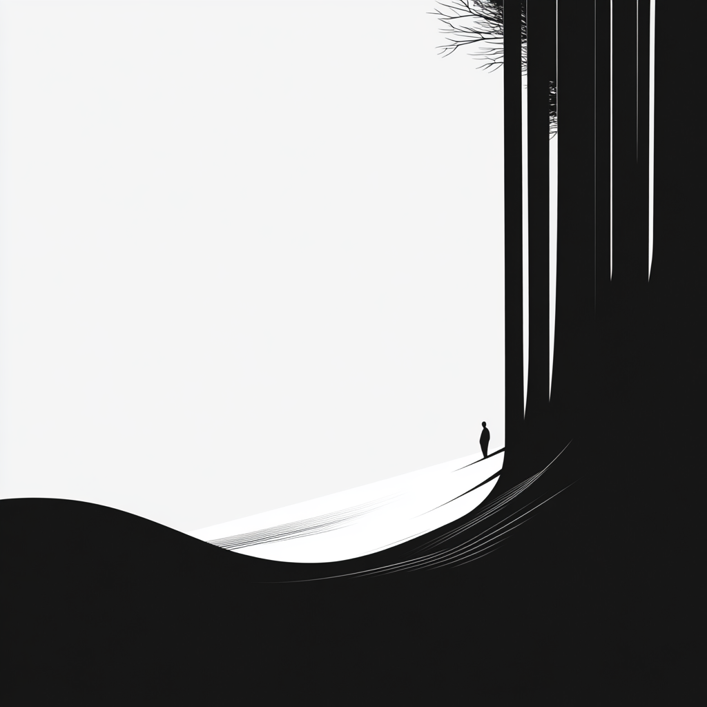 Minimalistische Schwarz-Weiß-Komposition mit einer kleinen menschlichen Figur vor monumentalen Baumstämmen – Symbol für Stille und Größe der Natur.

