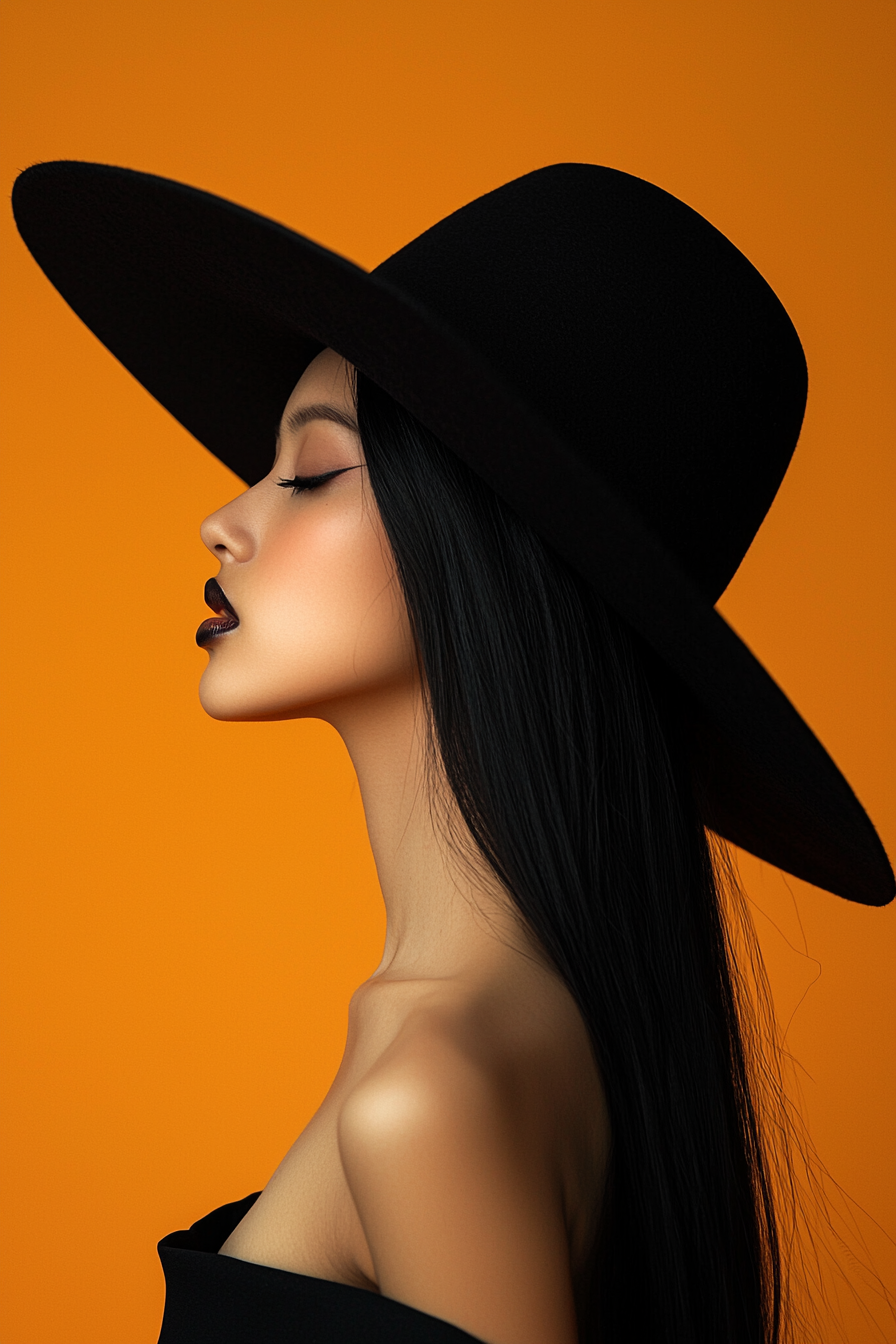 minimalistisches porträt einer frau mit schwarzem hut vor orangefarbenem hintergrund

