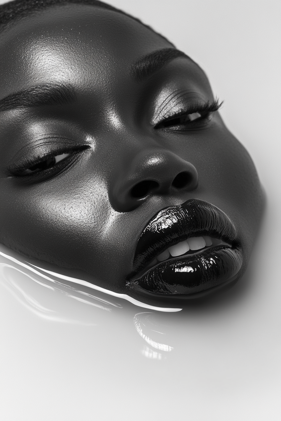 Nahaufnahme eines schimmernden Gesichts, halb in milchiger Flüssigkeit eingetaucht – Symbol für Schönheit, Ruhe und Selbstreflexion.

