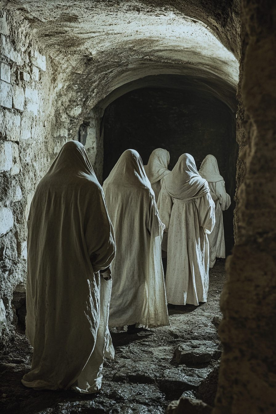 Eine Gruppe von Gestalten in langen weißen Gewändern schreitet durch einen alten, steinernen Gang – mystisch, still und geheimnisvoll.
