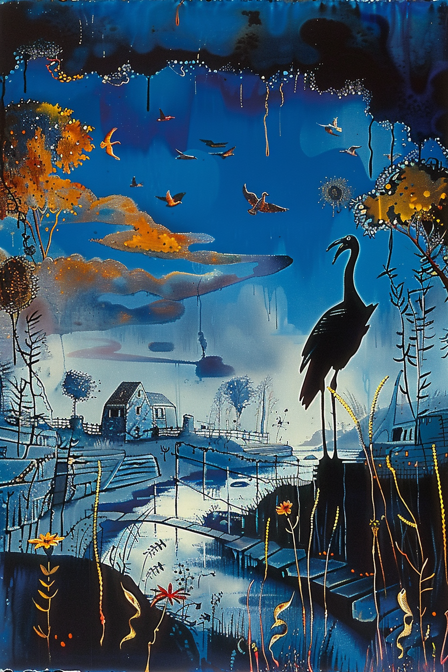 Atmosphärische Landschaft in Blautönen mit Reiher, goldenen Bäumen und Haus im Hintergrund. Magische Stimmung am Wasser.
