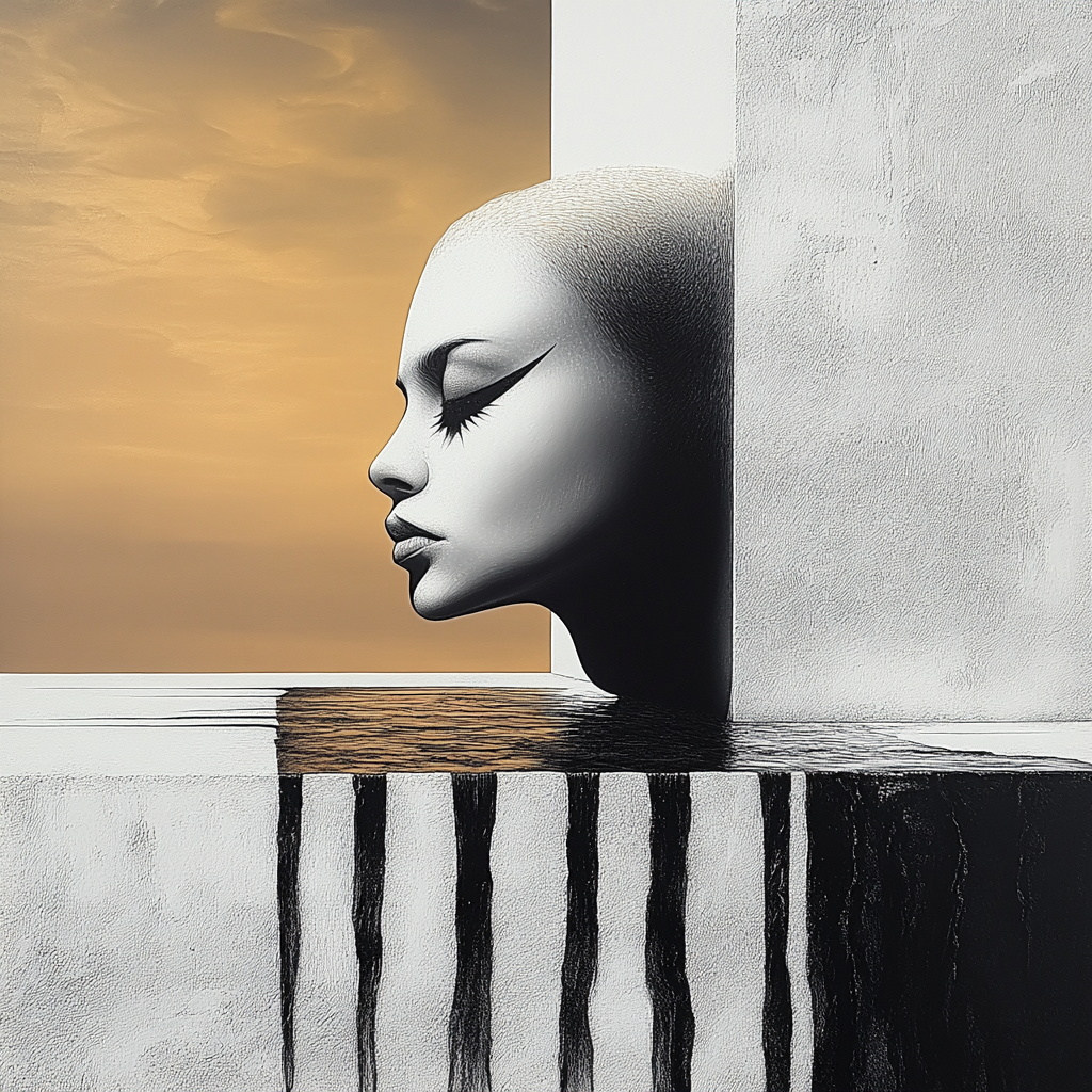 Surreale, minimalistische Komposition einer weiblichen Skulptur, deren Kopf aus einer weißen Wand hervorragt – das Gesicht ruhig und geschlossen, im Hintergrund ein goldener Himmel über einer dunklen Wasserfläche.
