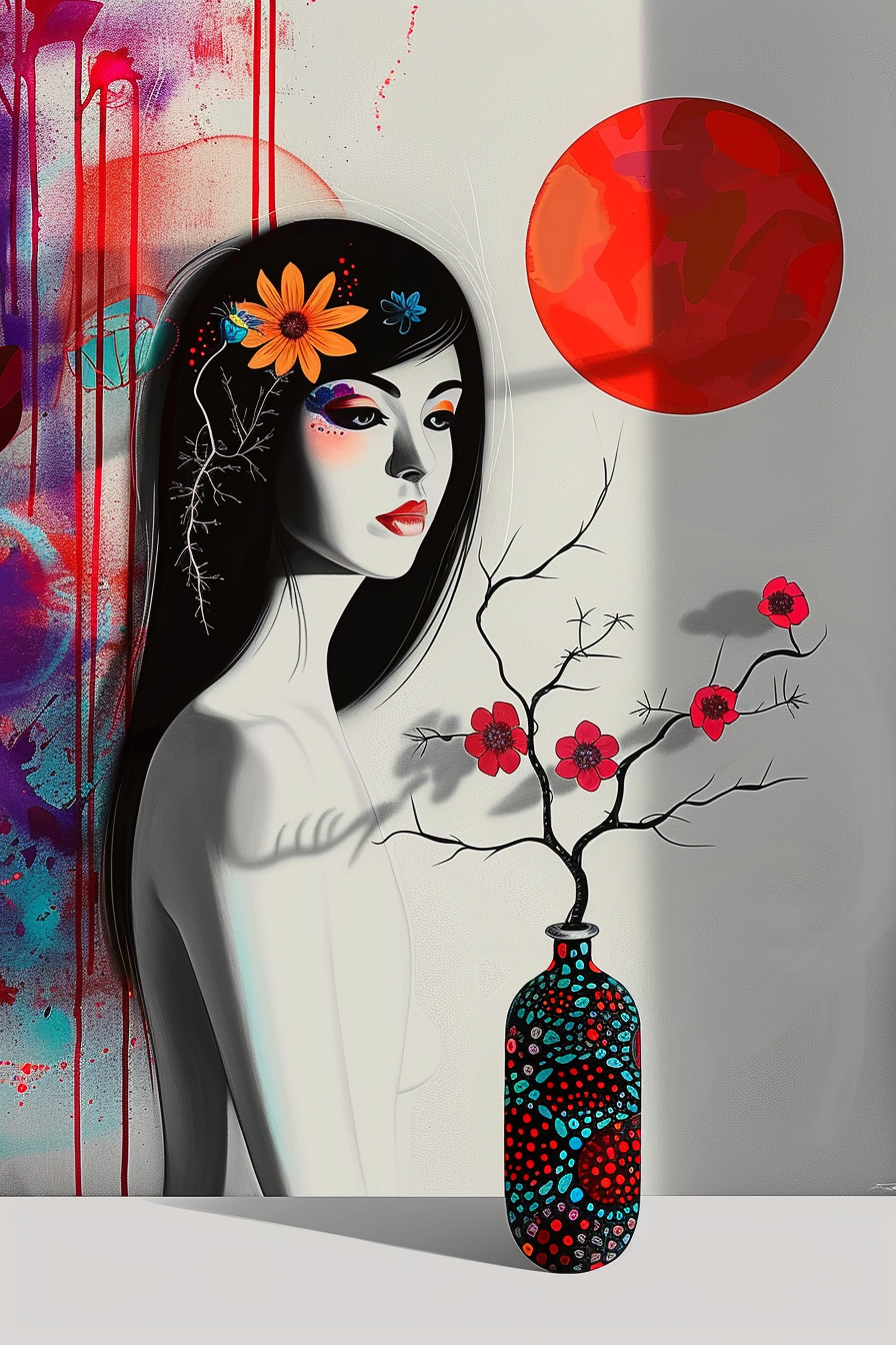 Illustratives Porträt einer Frau mit dunklem Haar, floralen Elementen und einer Vase mit roten Blüten vor einer minimalistischen, kontrastreichen Komposition mit roter Sonne.
