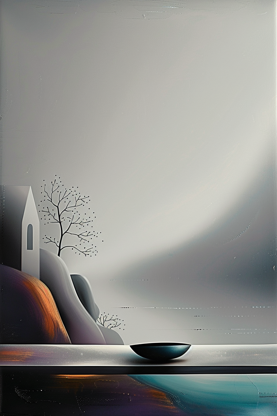 Ein minimalistisches Gemälde zeigt eine kleine, helle Kapelle auf einem Hügel, einen kahlen Baum und eine dunkle Schale im Vordergrund – alles in sanften Grau- und Erdtönen gehalten.
