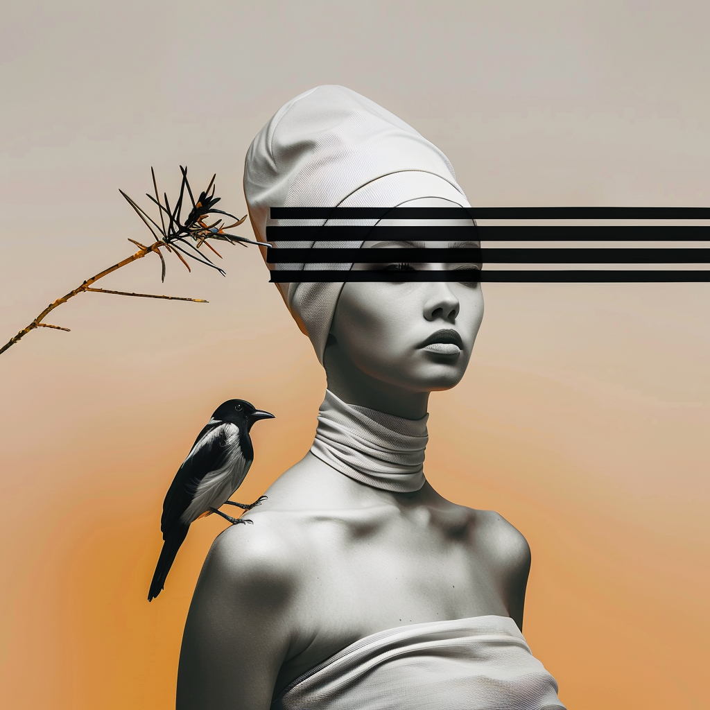 Minimalistisches Porträt einer Frau mit Turban und Vogel auf der Schulter vor warmem Hintergrund. Symbolisch und stilvoll.
